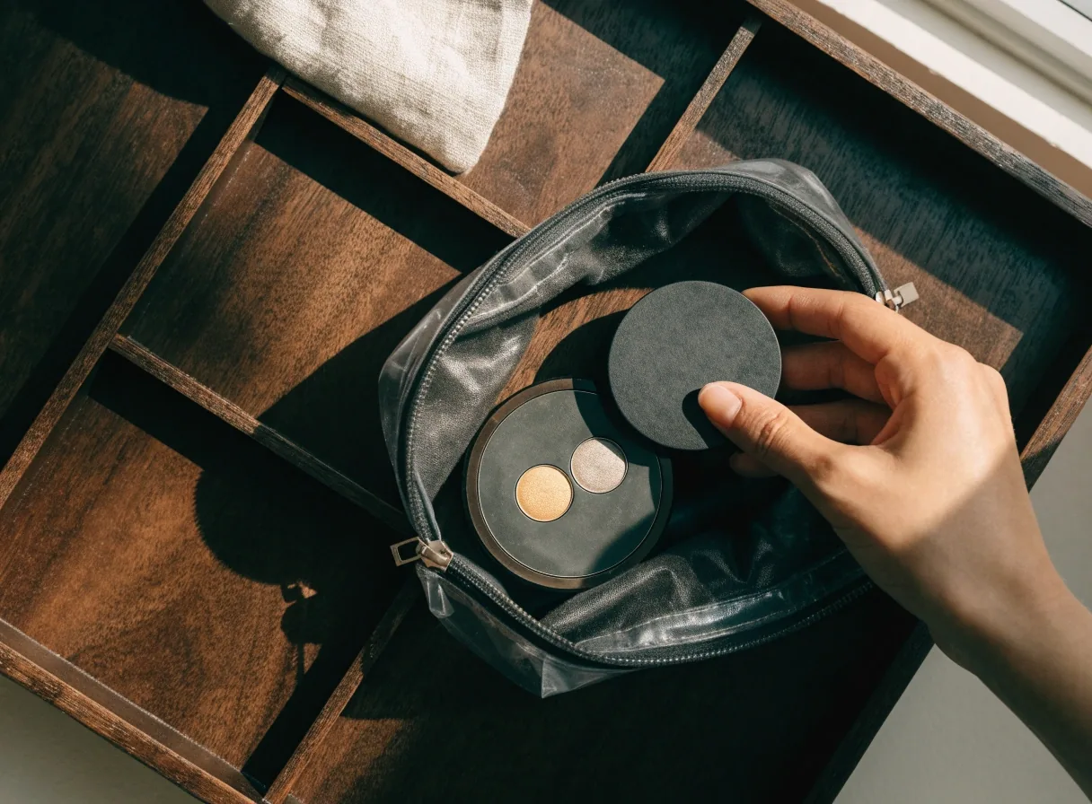 An open makeup pouch on a dark tray holding slim eyeshadow compacts and a magnetic palette