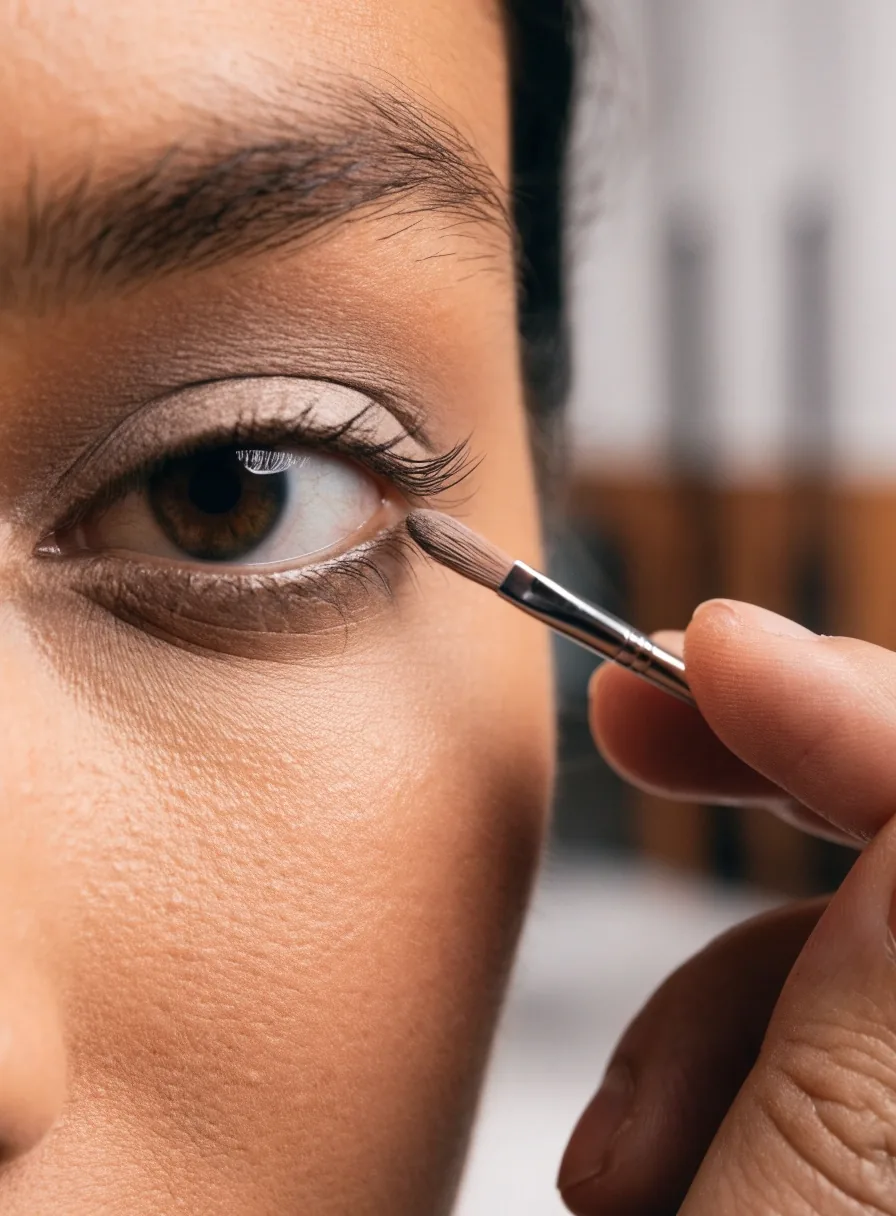 Close view of a single eyeshadow pan with a satin neutral powder and a fingertip swatch nearby