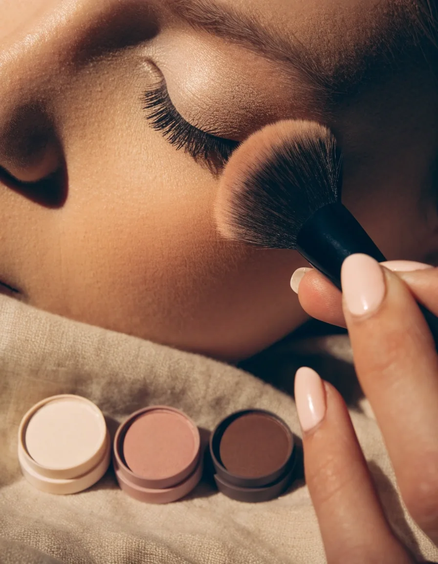 Hand blending a fluffy brush in circles on a closed eyelid, with three matte powder shades nearby
