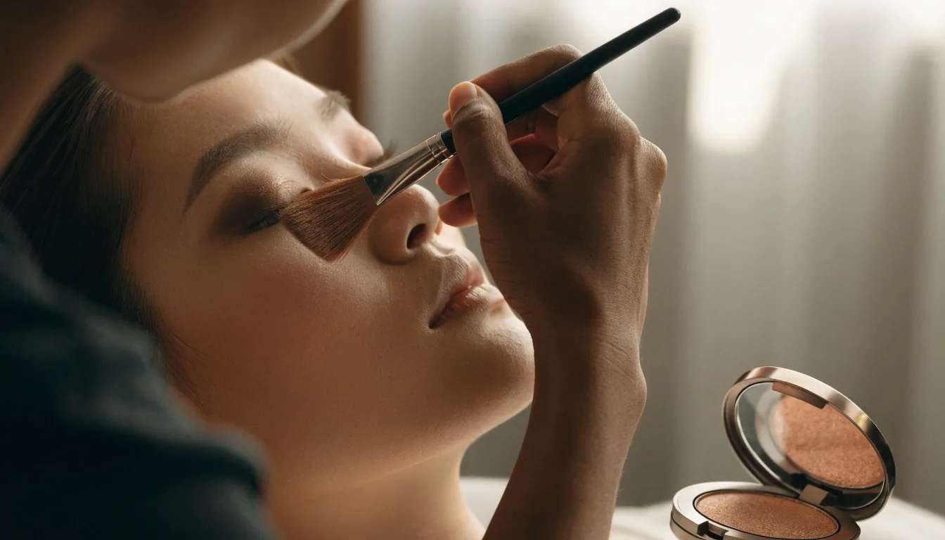 Single eyeshadow compact, duo compact and two eye brushes on a warm oak table in soft window light