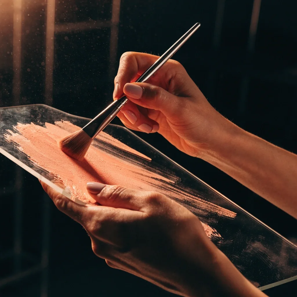 Hands working a makeup brush over a pigment-smeared palette in a dim studio