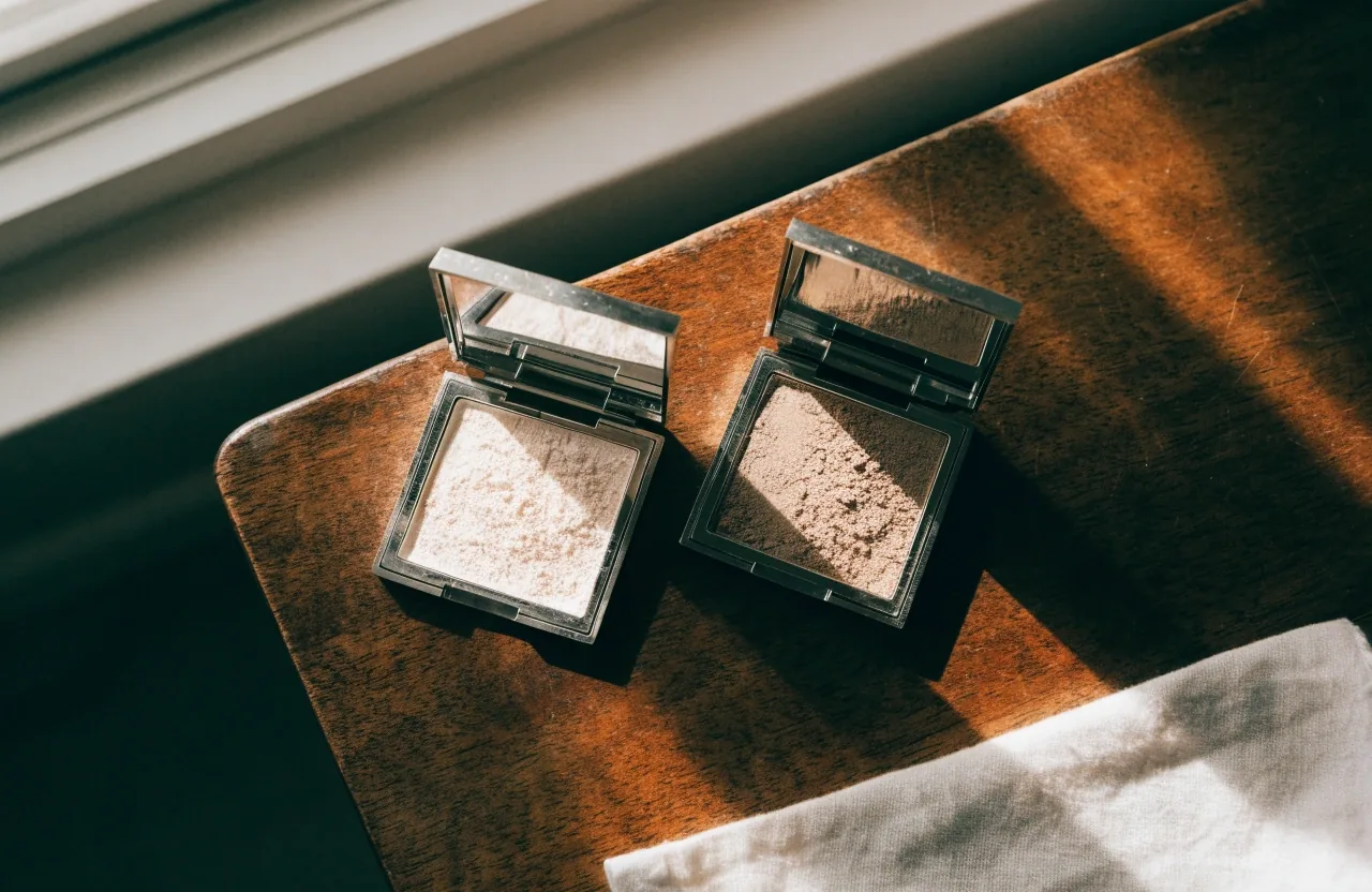 Two open makeup compacts on a dark wooden table under soft window light