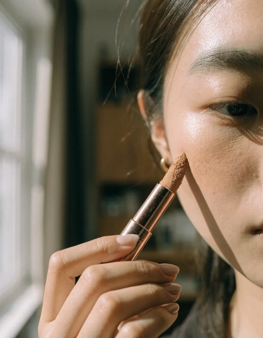 A cream-to-powder makeup stick being tapped onto a cheekbone in natural window light