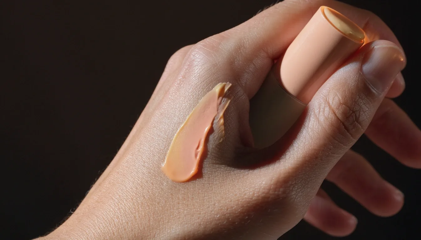 A makeup artist warming a cream blush stick on the back of her hand before applying