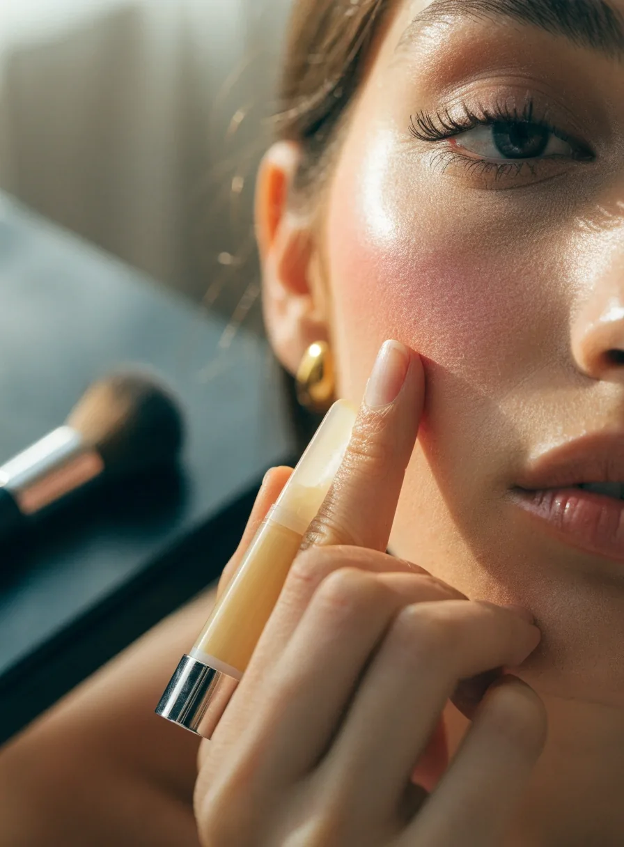 A cream blush stick, dense synthetic brush, and fingertip on a dark surface beside a sponge set aside